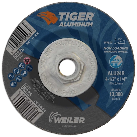 Weiler 4-1/2" x 1/4" TIGER ALUMINUM Type 27 Grinding Wheel ALU24R 5/8-11 Nut 58226